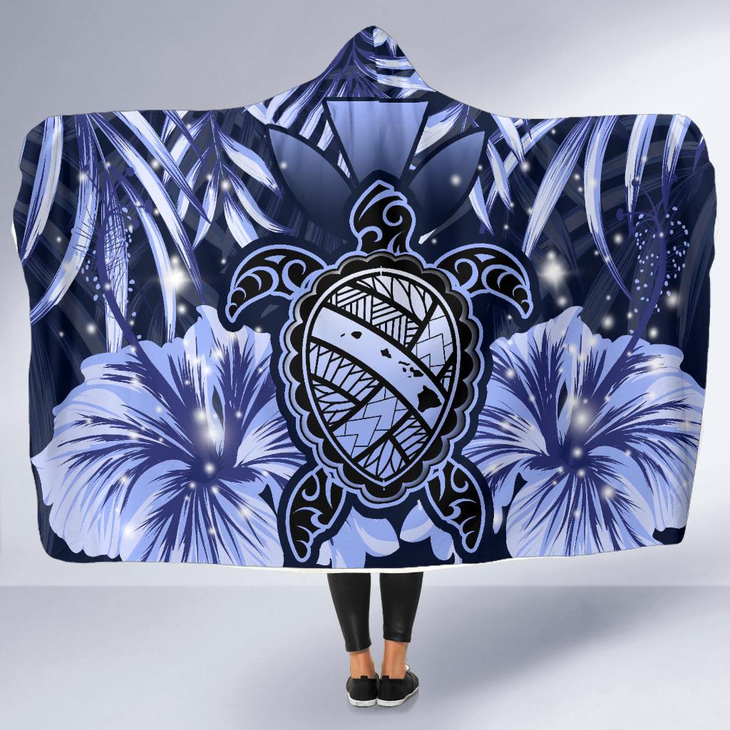 Hawaii Turtle Hibiscus Blue Hooded Blanket - Hac Style - AH Hooded Blanket - Polynesian Pride