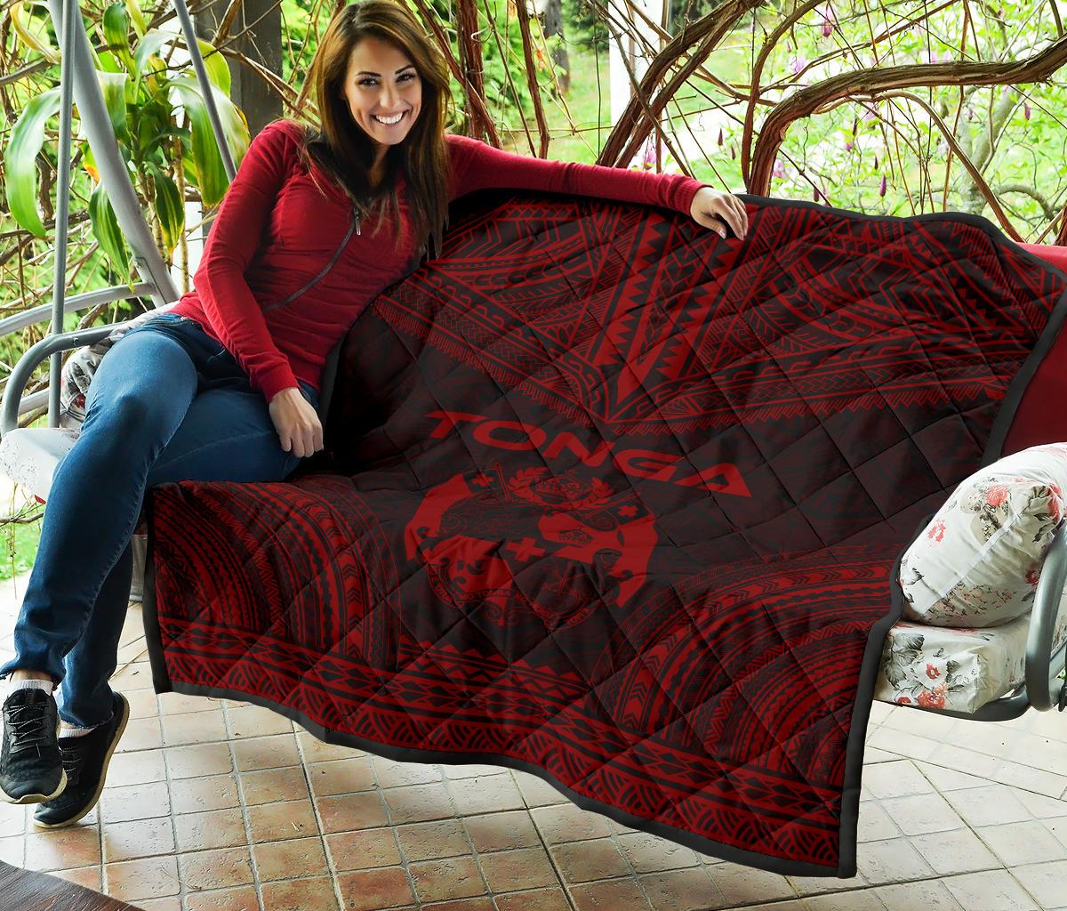 Tonga Premium Quilt - Tonga Coat Of Arms Polynesian Chief Dark Red Version - Polynesian Pride