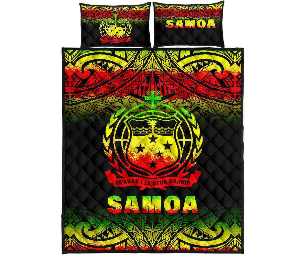 Samoa Quilt Bed Set - Samoa Coat Of Arms Polynesian Tattoo Black Fog Reggae Version Art - Polynesian Pride