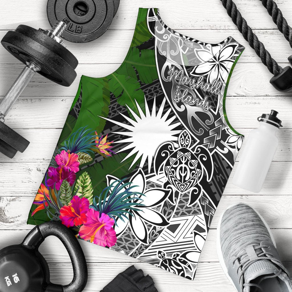 Marshall Islands Men Tank Top - Turtle Plumeria Banana Leaf Black - Polynesian Pride