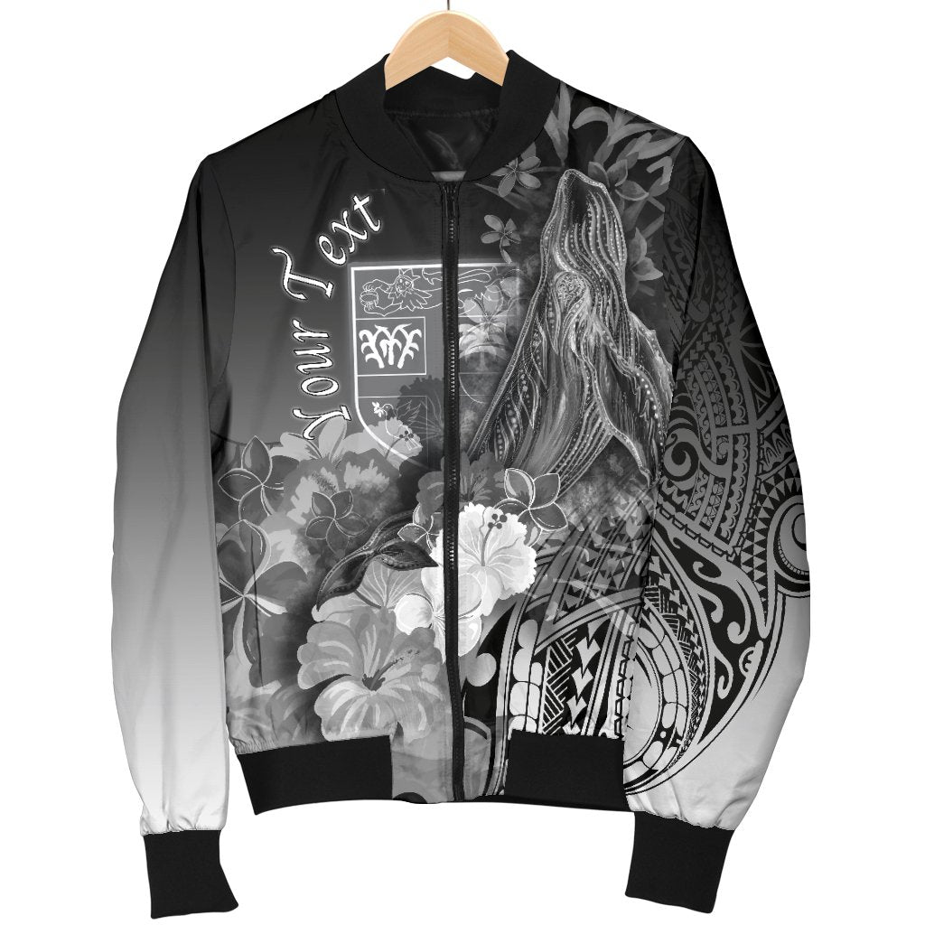 Fiji Custom Personalised Men's Bomber Jacket - Humpback Whale with Tropical Flowers (White) - Polynesian Pride