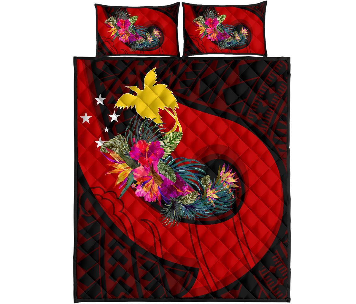 Papua New Guinea Quilt Bed Set - Polynesian Hook And Hibiscus (Red) - Polynesian Pride