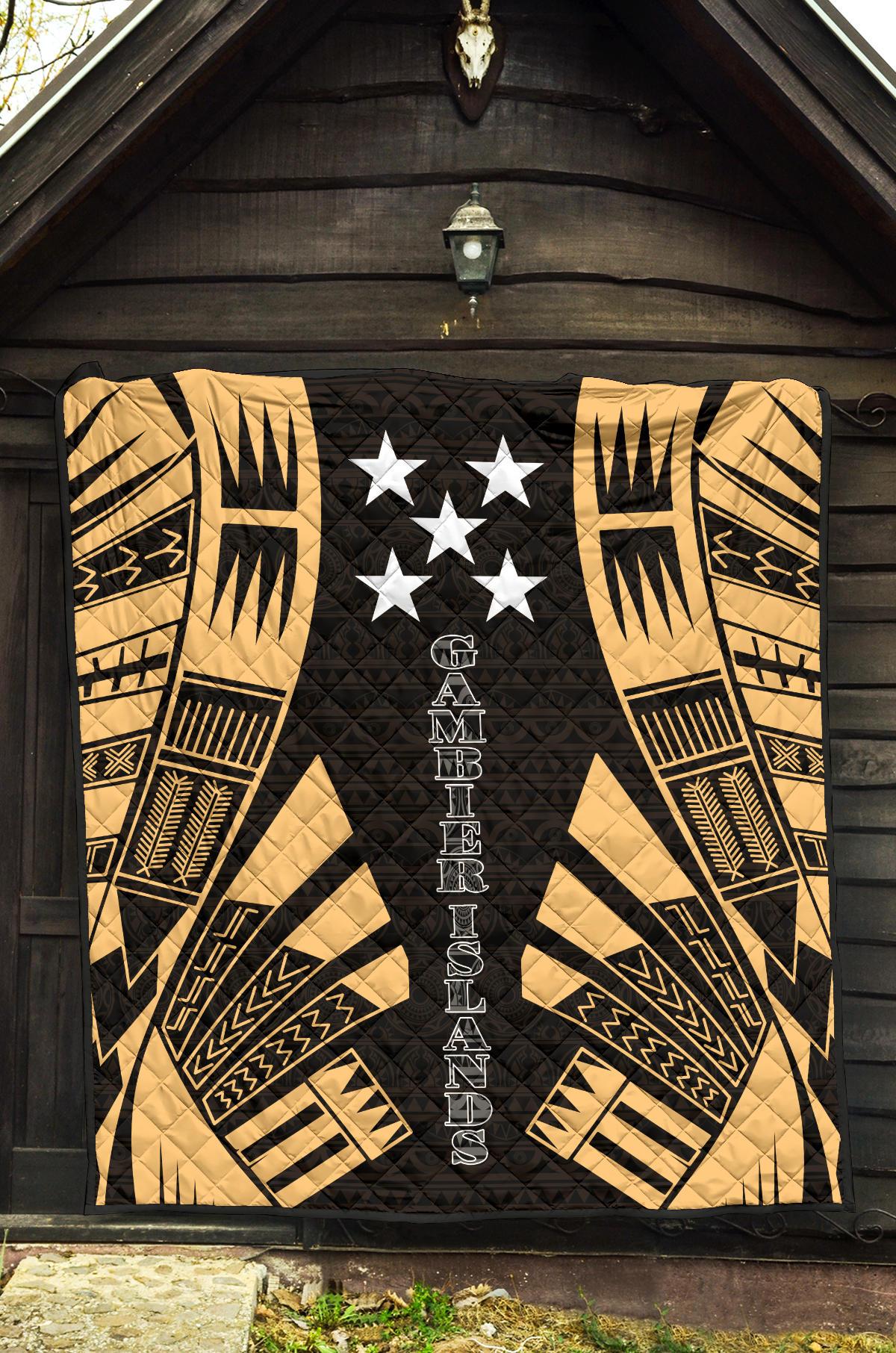 Gambier Islands Premium Quilt - Gambier Islands Flag Polynesian Gold Tattoo - Polynesian Pride