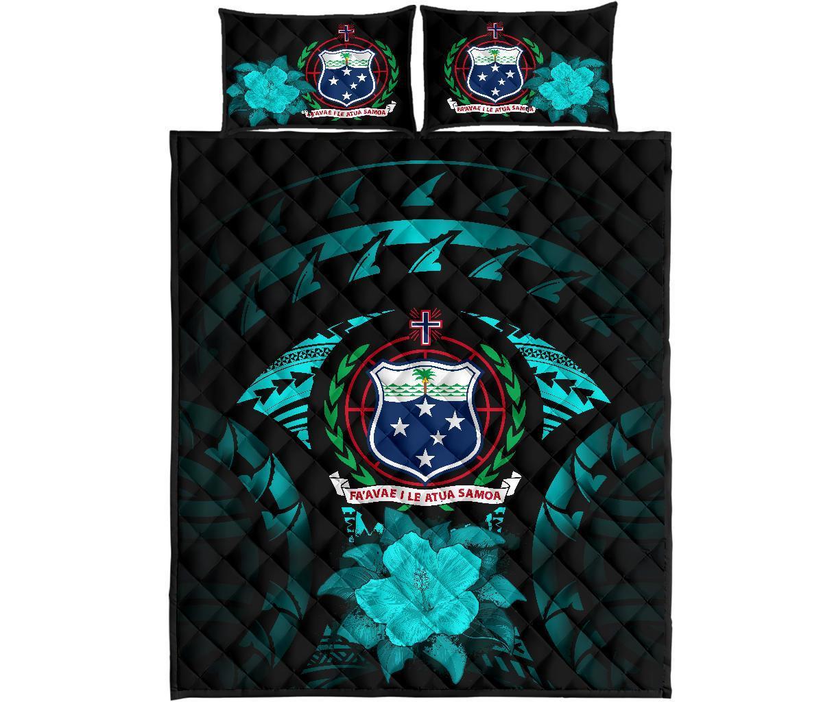 Samoa Polynesian Quilt Bed Set Hibiscus Turquoise - Polynesian Pride