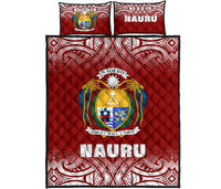 Nauru Quilt Bed Set - Nauru Coat Of Arms Polynesian Tattoo Red Fog Style Red - Polynesian Pride