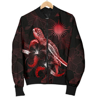 Marshall Islands Polynesian Men's Bomber Jacket - Turtle With Blooming Hibiscus Red - Polynesian Pride