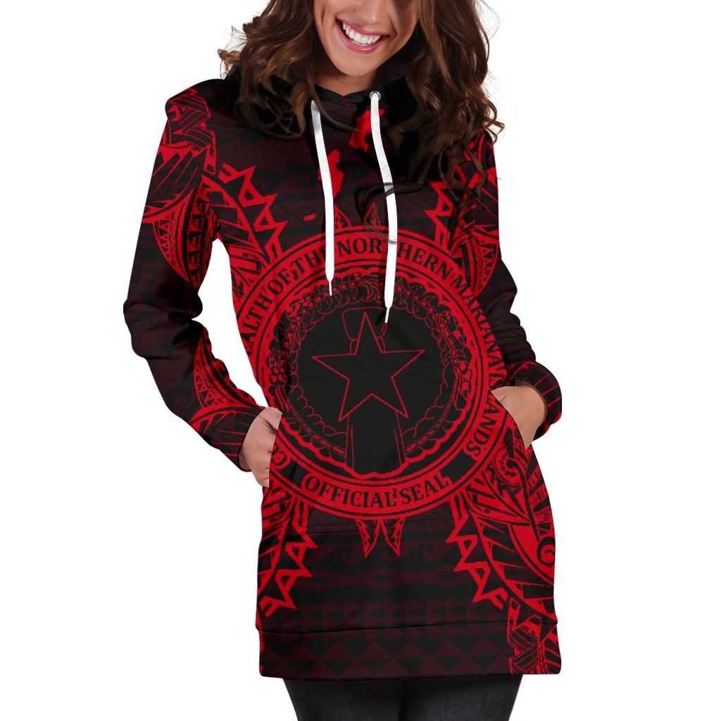 Northern Mariana Islands Polynesian Hoodie Dress Map Red - Polynesian Pride