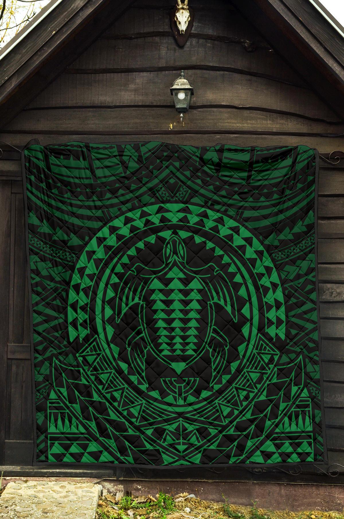 Hawaiian Kakau Honu Arc Green Polynesian Premium Quilt - Polynesian Pride