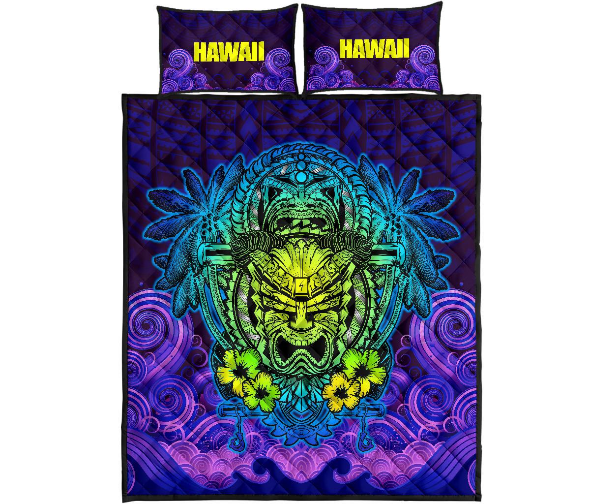 Hawaii Polynesian Quilt Bed Set - Hawaiian Green Yellow Tiki Face Purple Version - Polynesian Pride