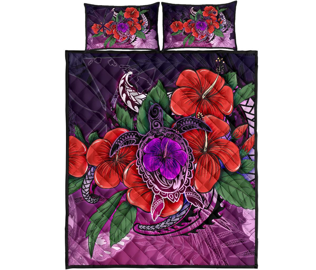 Polynesian Hawaii Quilt Bed Set - Purple Hibiscus Turtle Flowing - Polynesian Pride