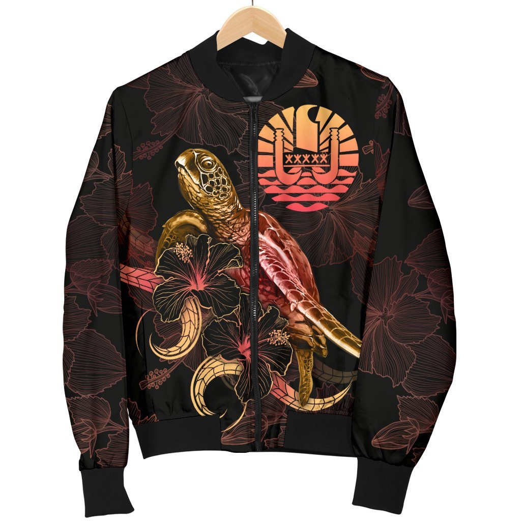Tahiti Polynesian Men's Bomber Jacket - Turtle With Blooming Hibiscus Gold - Polynesian Pride