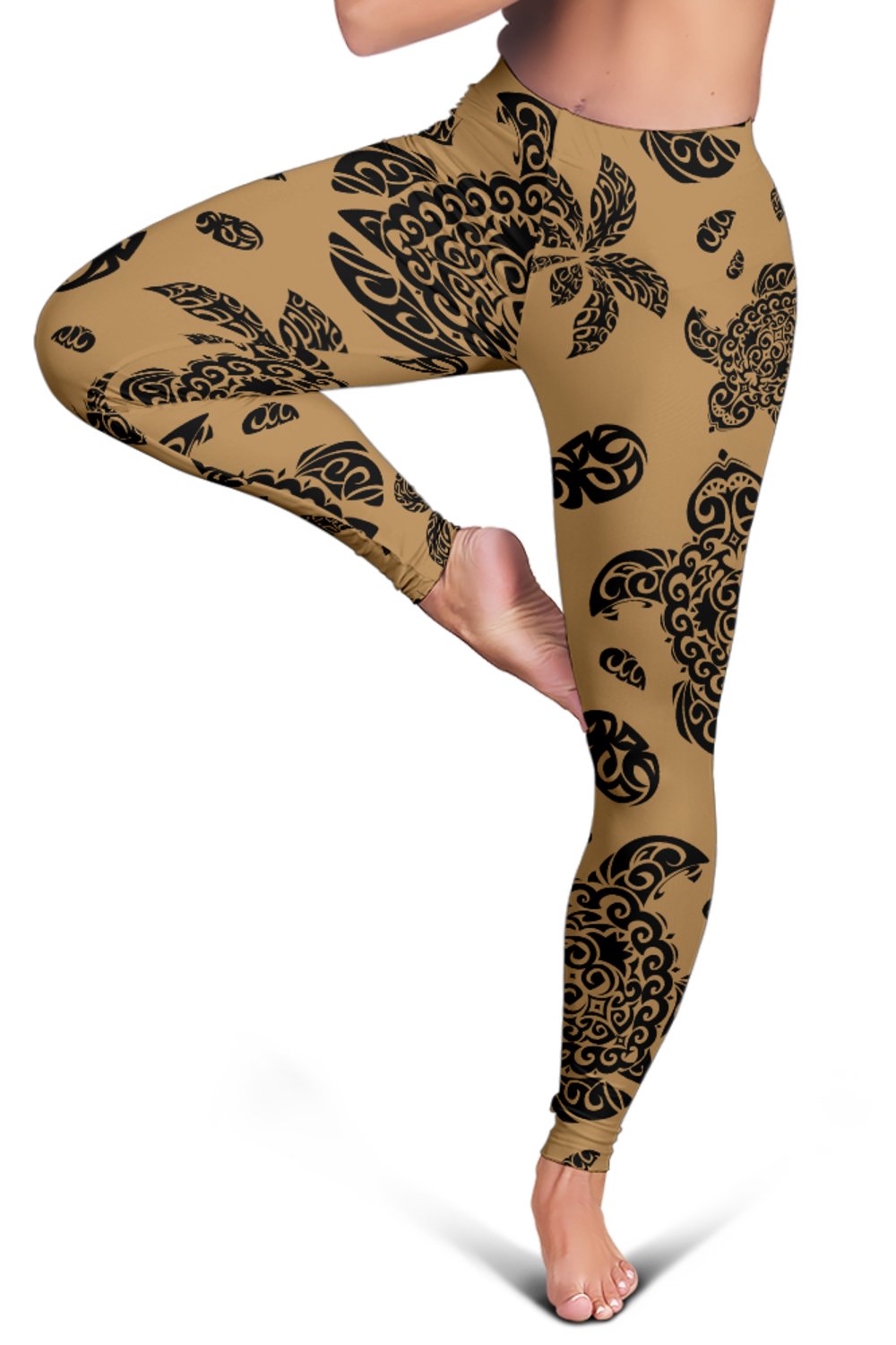 Polynesian Turtle Palm And Sea Pebbles Gold Hawaii Women's Leggings AH - Polynesian Pride