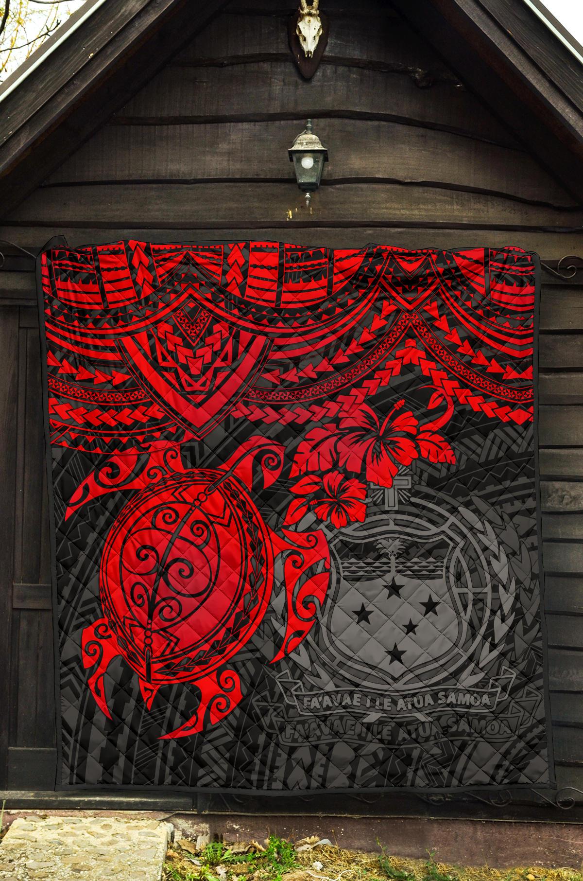 Samoa Polynesian Premium Quilt - Samoa Coat Of Arms & Red Turtle Hibiscus - Polynesian Pride