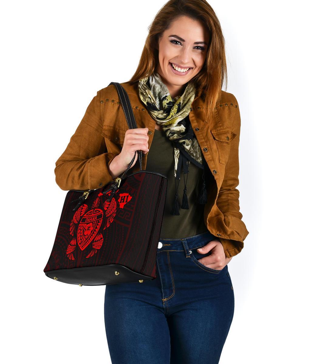 Hawaii Kakau Polynesian Ohana Turtle Map Small Leather Tote - Red - Polynesian Pride