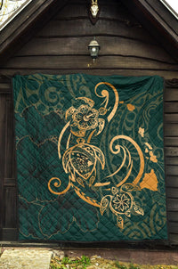 Hawaii Triple Marble Turtle Polynesian Hibiscus Premium Quilt - AH - Benjamin Style - Green - Polynesian Pride