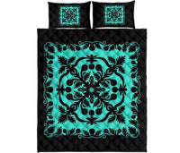 Hawaii Quilt Bed Set Royal - Black And Turquoise Black - Polynesian Pride