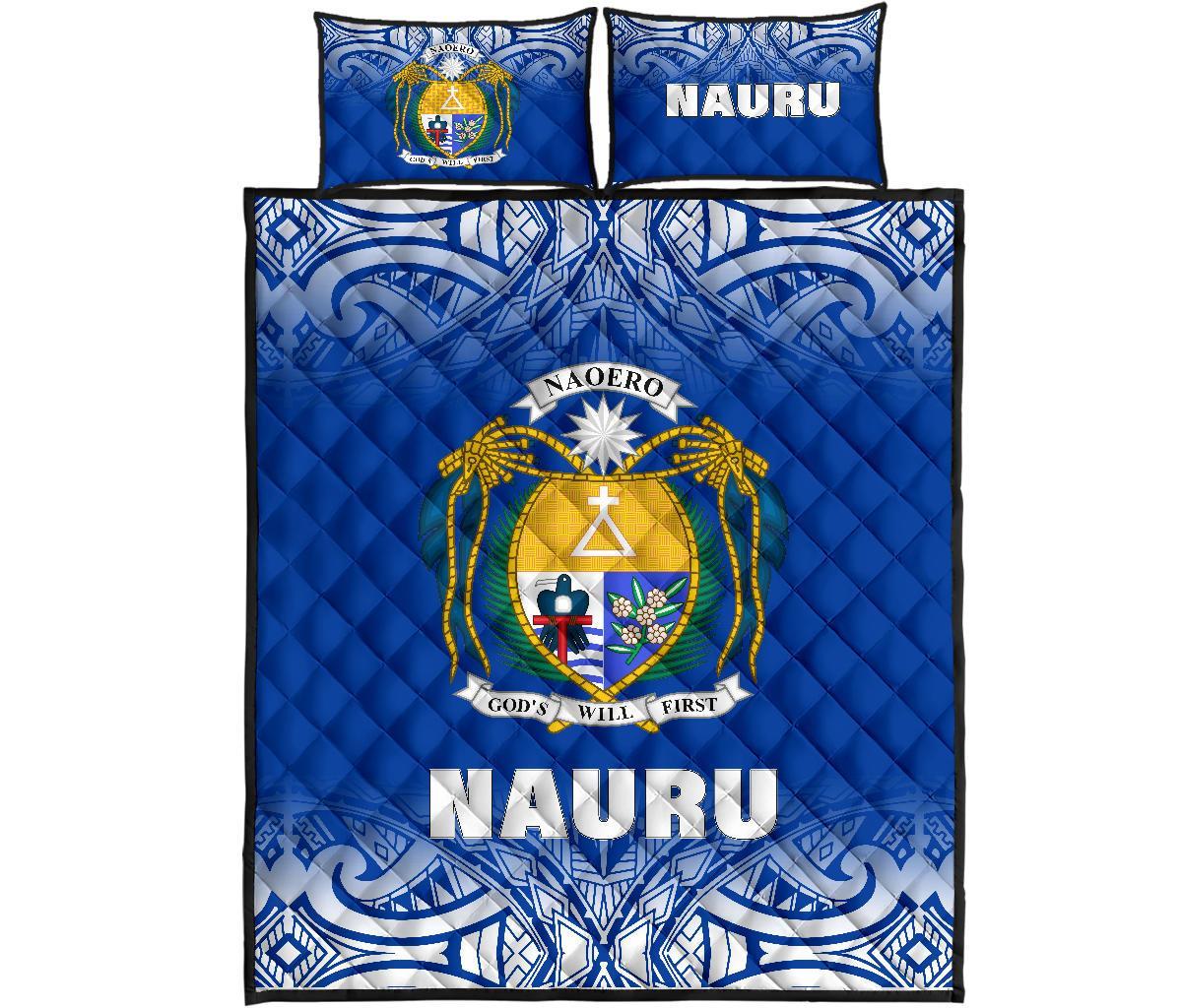 Nauru Quilt Bed Set - Nauru Coat Of Arms Polynesian Tattoo Blue Fog Style Blue - Polynesian Pride