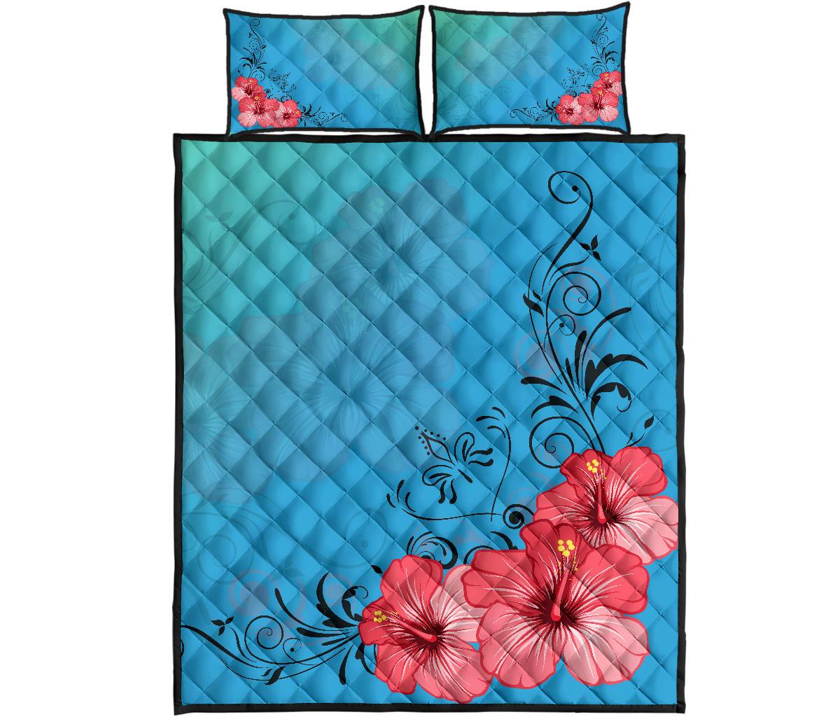 Hawaii Quilt Bed Set - Hibiscus Flower Red Quilt Bed Set Blue - Polynesian Pride