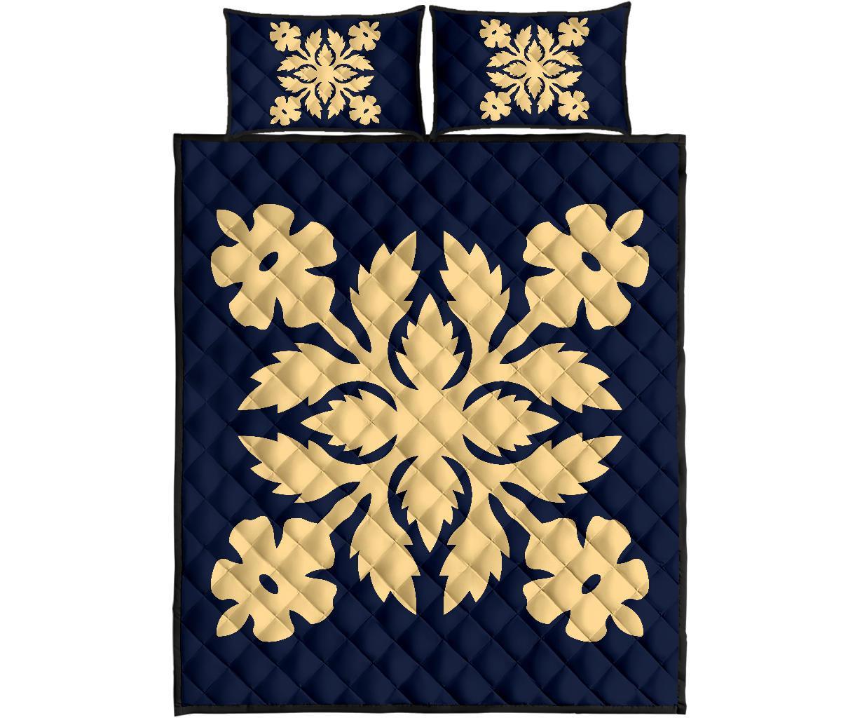Hawaiian Quilt Bed Set Royal Pattern - Indigo - B2 Style - Polynesian Pride