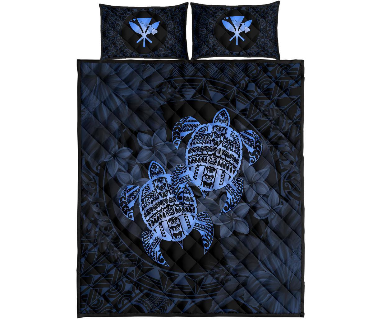 Hawaii Quilt Bed Set - Turtle Strong Pattern Hibiscus Plumeria Blue AH - Polynesian Pride