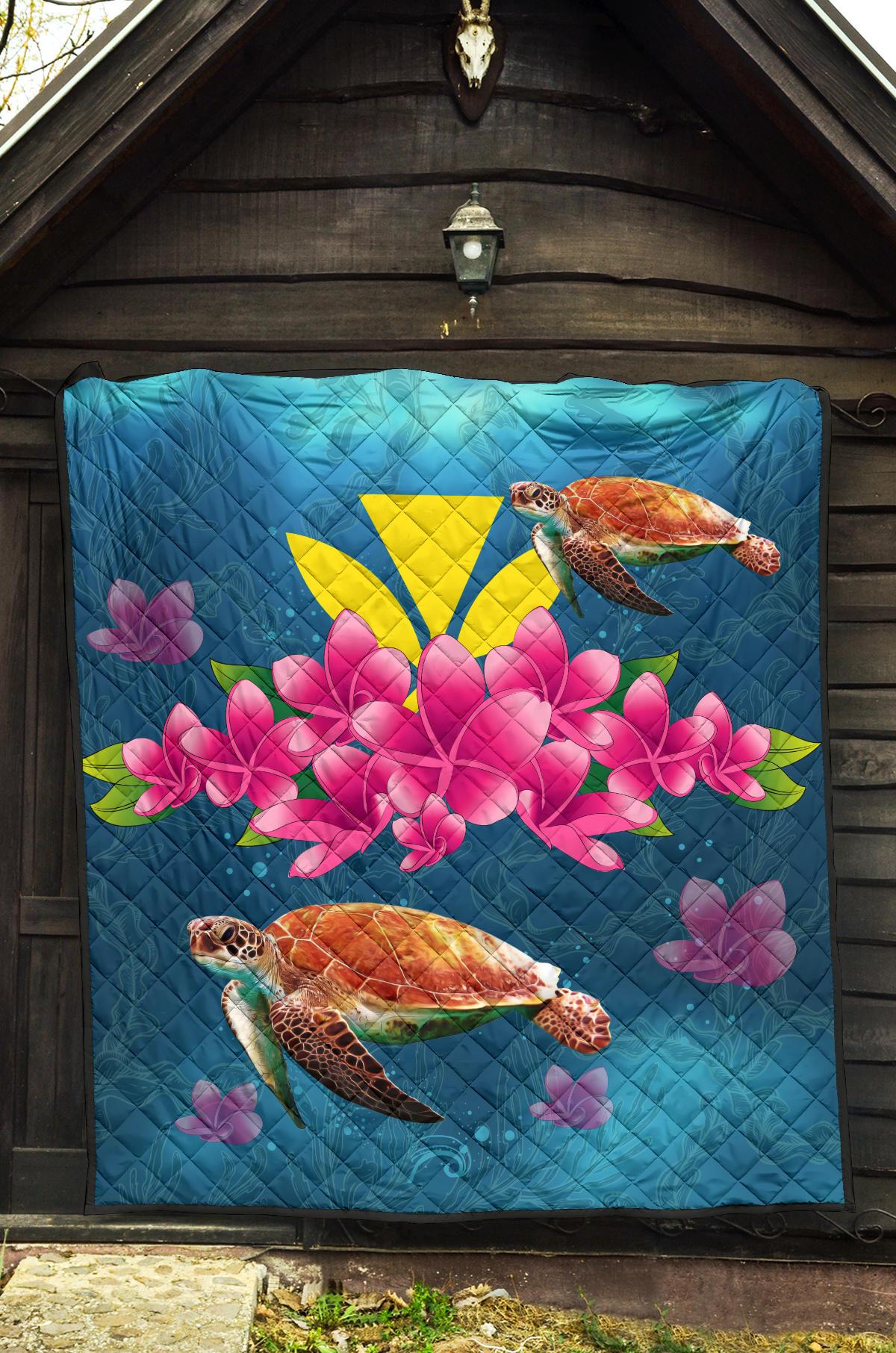 Hawaii Plumeria Kanaka Turtle Sea Premium Quilt - Polynesian Pride