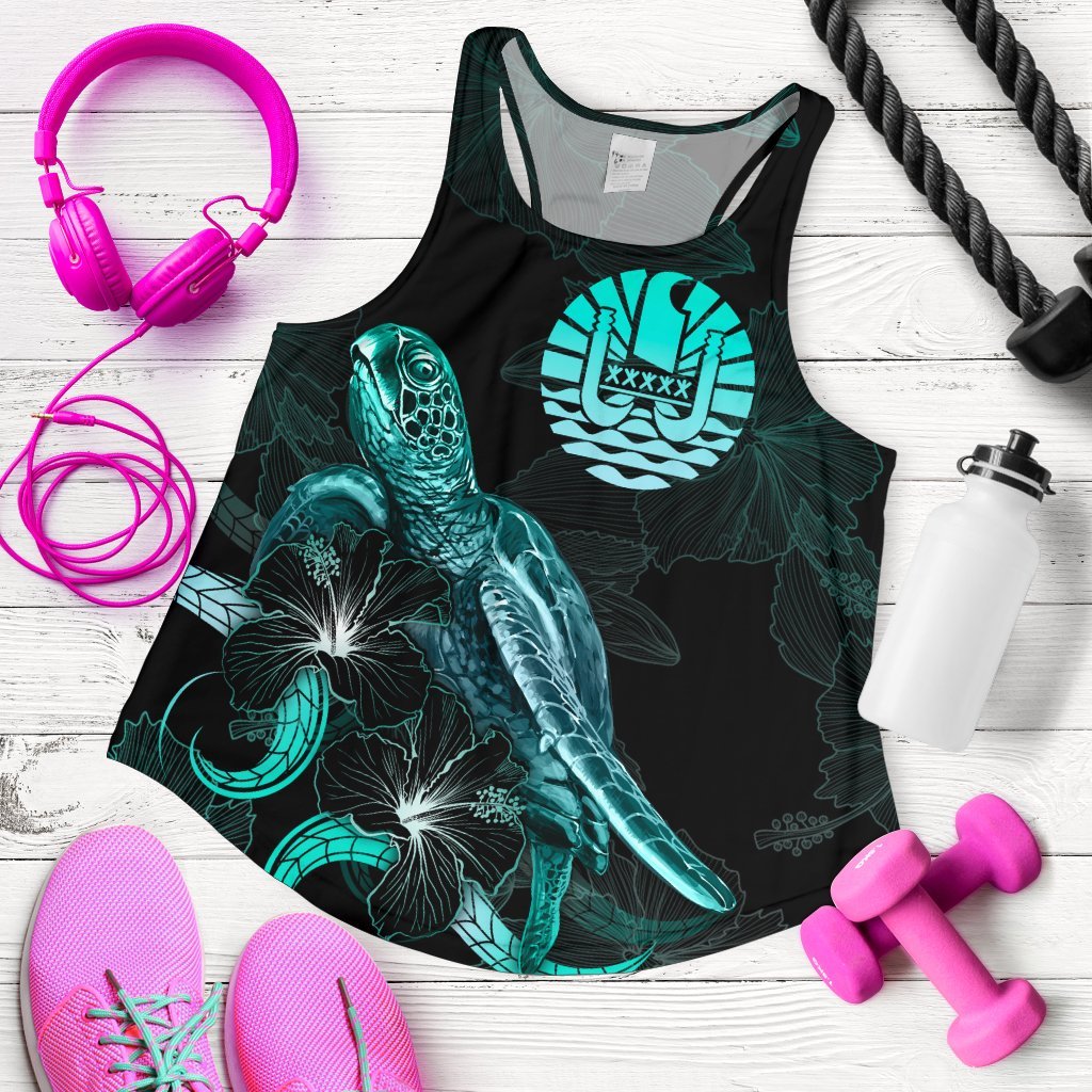 Tahiti Polynesian Women Tank Top - Turtle With Blooming Hibiscus Turquoise Turquoise - Polynesian Pride