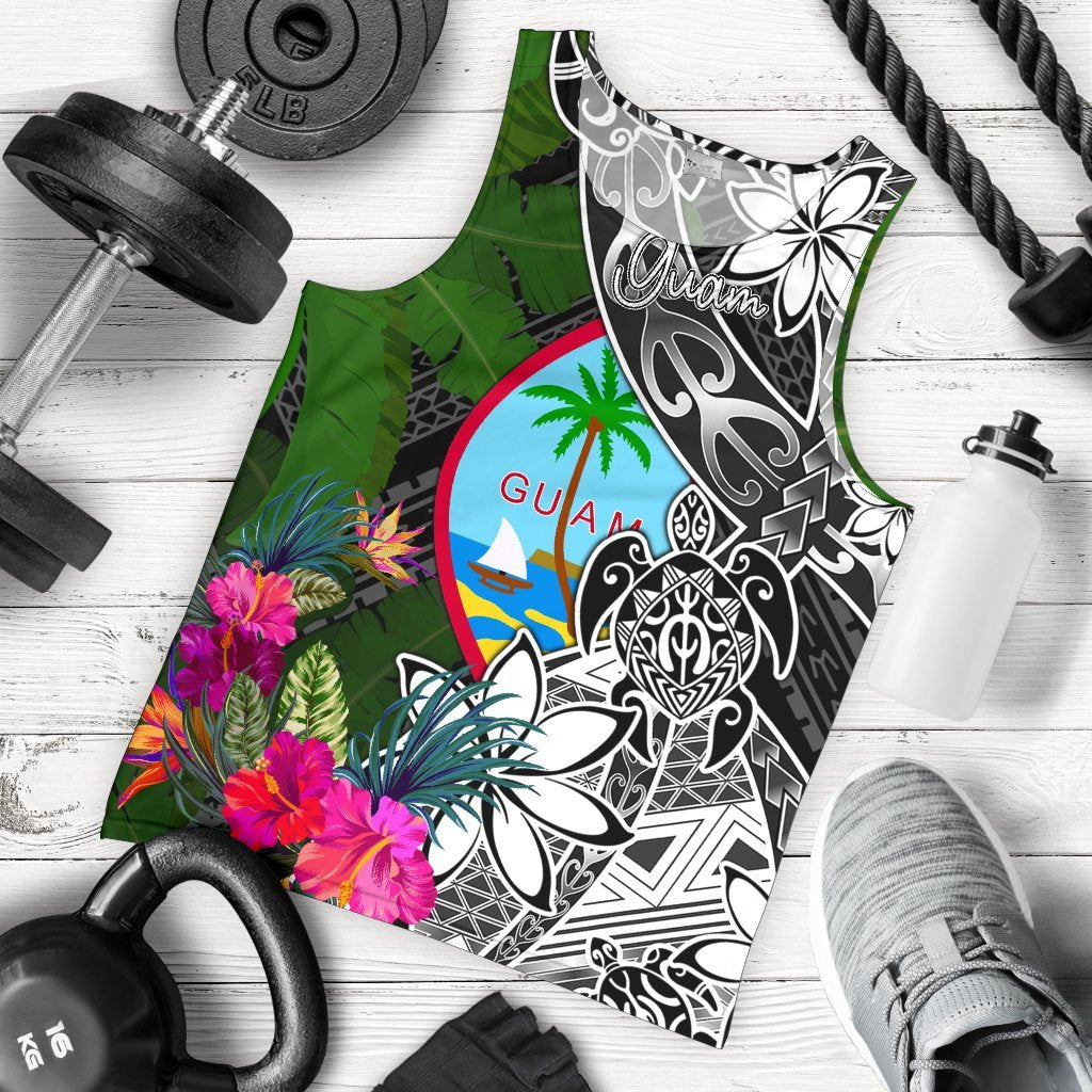 Guam Men Tank Top - Turtle Plumeria Banana Leaf Black - Polynesian Pride