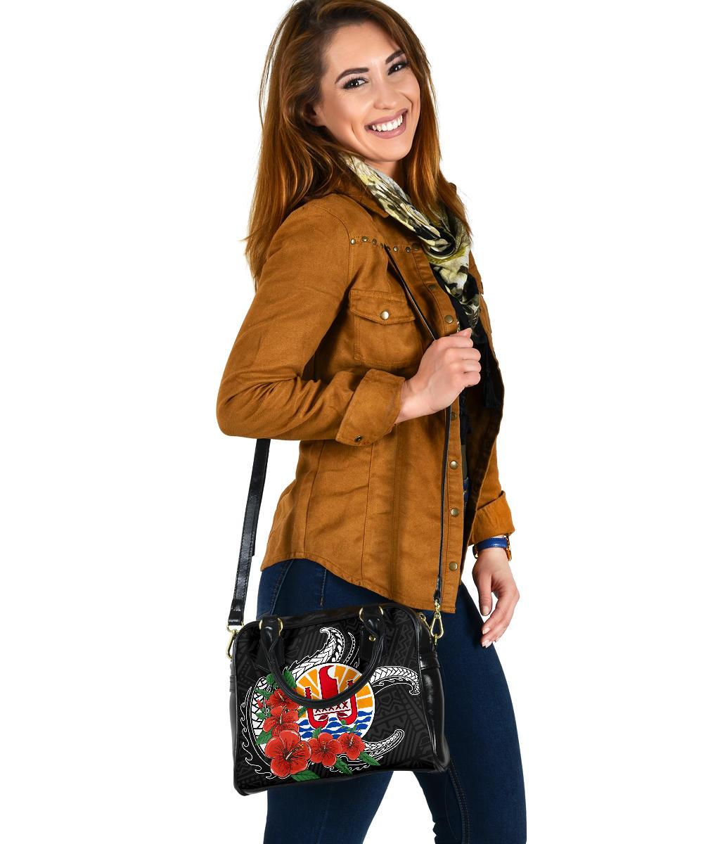 Tahiti Polynesian Shoulder Handbag - Hibiscus Coat of Arm Black - Polynesian Pride