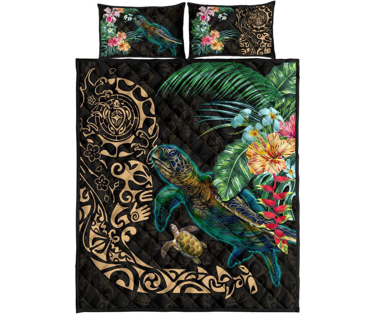 Tiki Polynesian Quilt Bed Set Turtle Hibiscus - Gold - Polynesian Pride