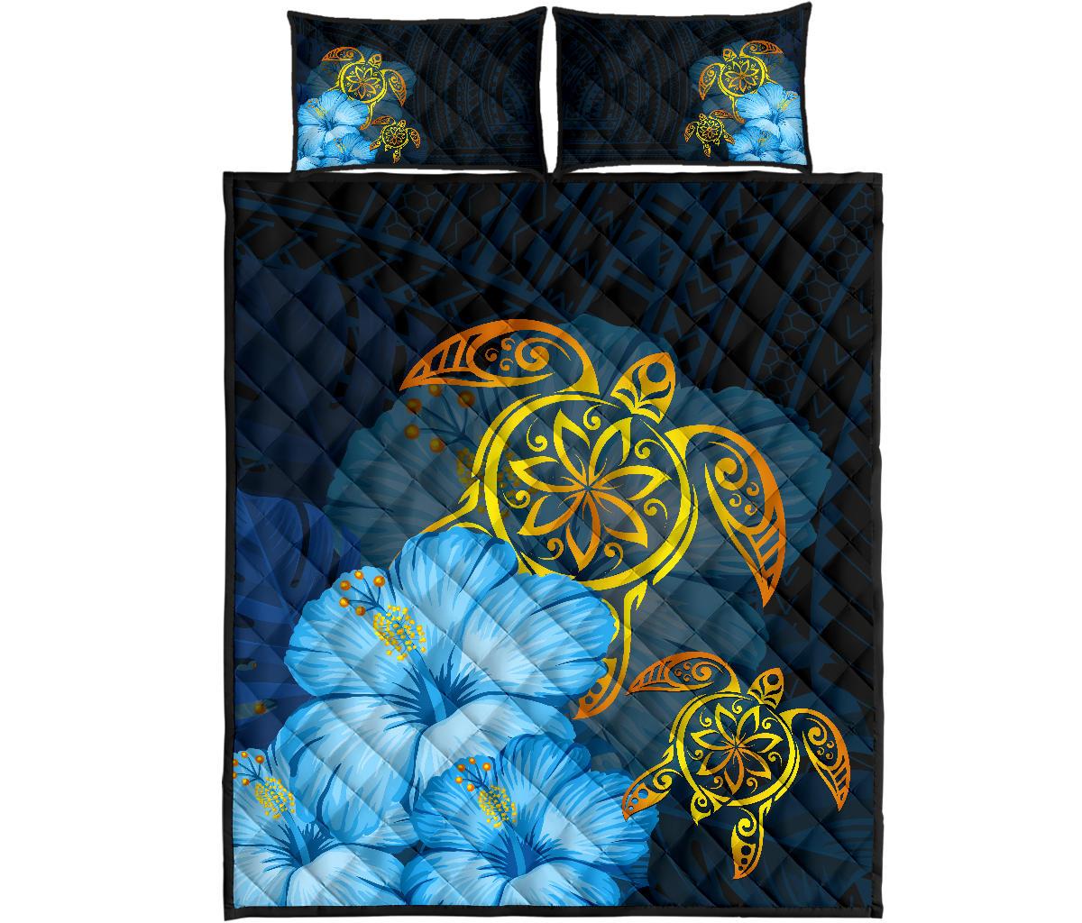 Hawaii Quilt Bed Set - Turtle Hibiscus Pattern Hawaiian Quilt Bed Set - Blue - Polynesian Pride