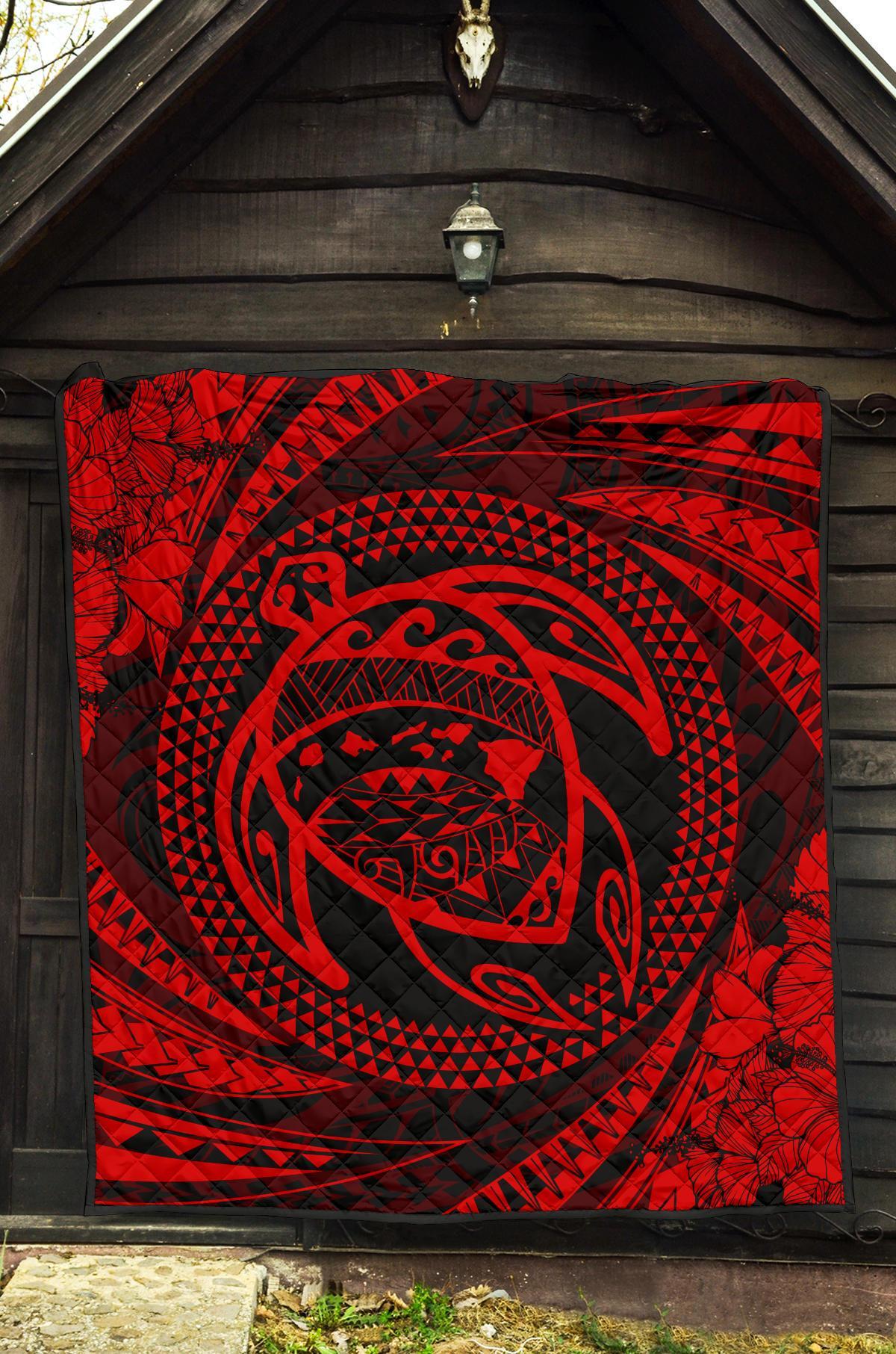 Hawaiian Kanaka Honu Hibiscus Tornando Red Polynesian Premium Quilt - Polynesian Pride