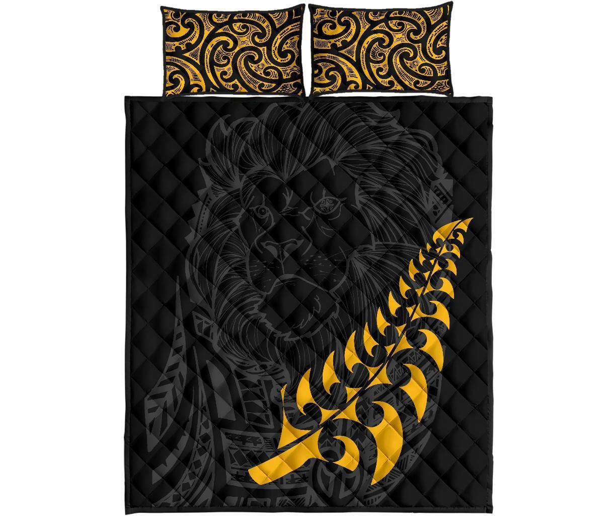 New Zealand Maori Lion Rugby Quilt Bed Set Black - Polynesian Pride