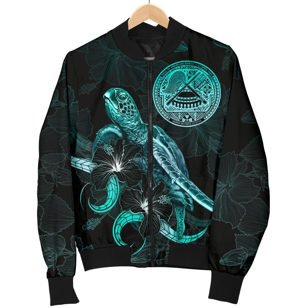 American Samoa Polynesian Men's Bomber Jacket - Turtle With Blooming Hibiscus Turquoise - Polynesian Pride