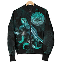 American Samoa Polynesian Men's Bomber Jacket - Turtle With Blooming Hibiscus Turquoise - Polynesian Pride