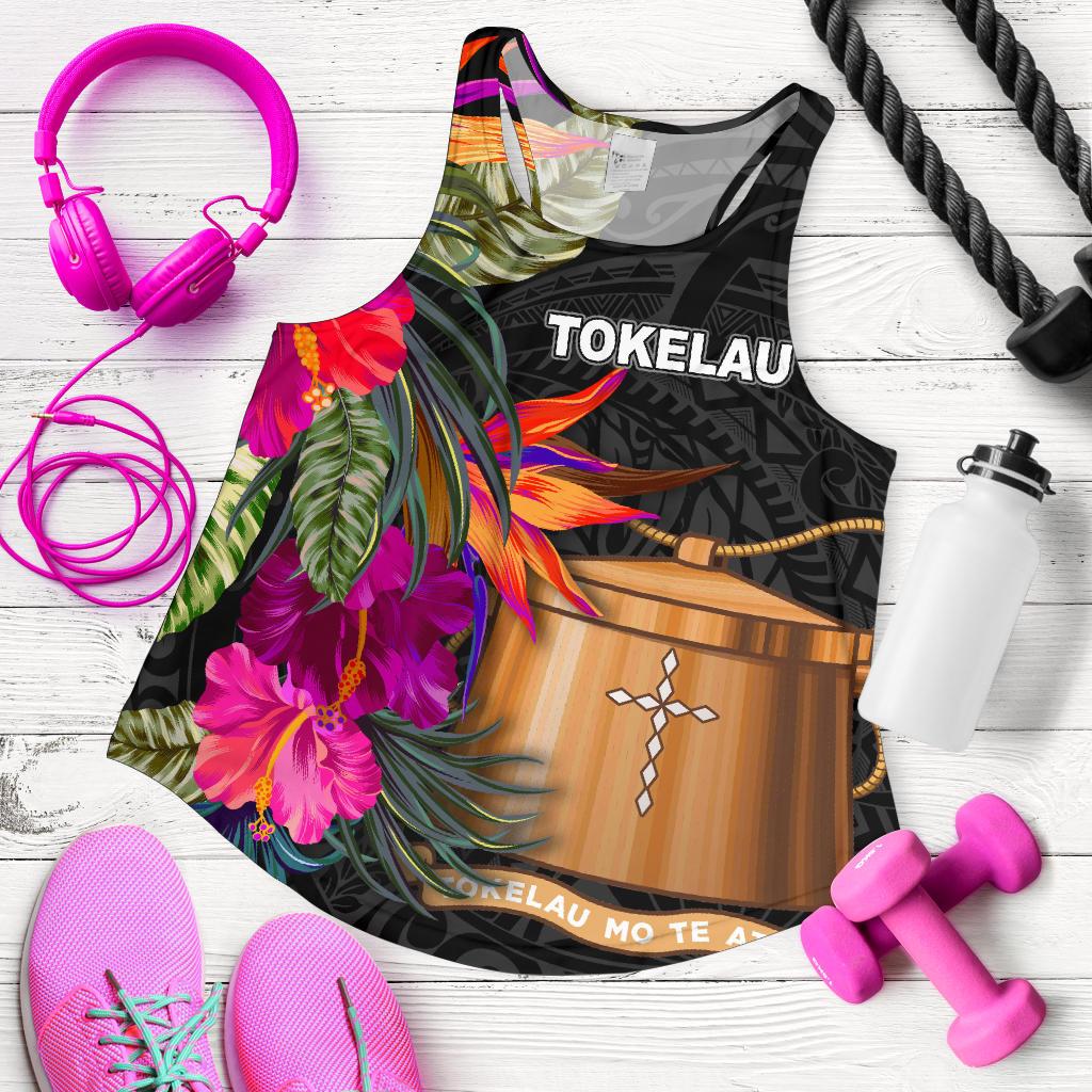 Tokelau Women's Racerback Tank - Polynesian Hibiscus Pattern Black - Polynesian Pride