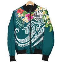 Nauru Polynesian Men's Bomber Jacket - Summer Plumeria (Turquoise) - Polynesian Pride
