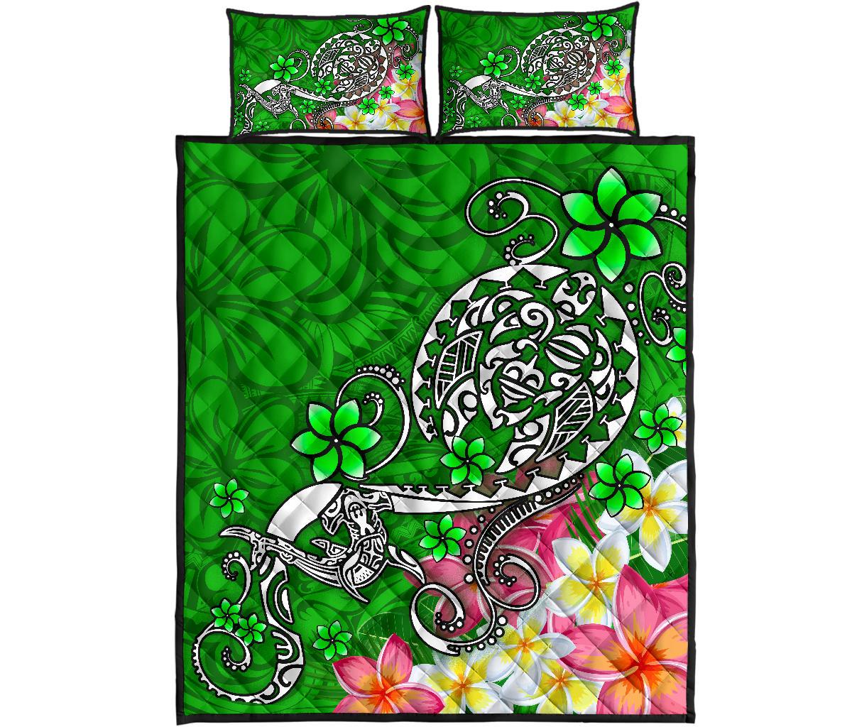 Polynesian Quilt Bed Set - Turtle Plumeria Green Color - Polynesian Pride