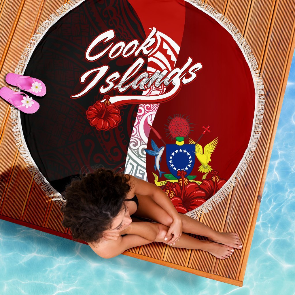 Cook Islands Polynesian Beach Blanket - Coat Of Arm With Hibiscus - Polynesian Pride