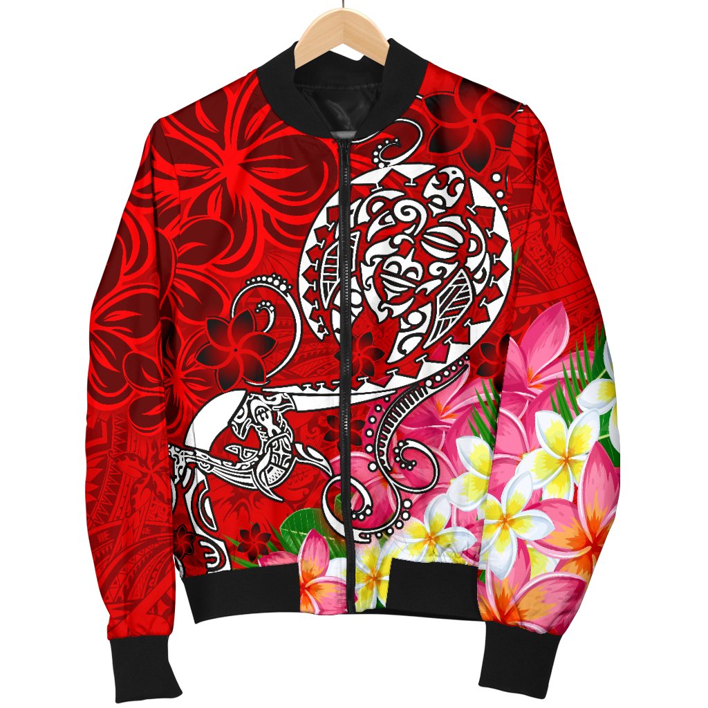 Polynesian Men's Bomber Jacket - Turtle Plumeria Red Color - Polynesian Pride