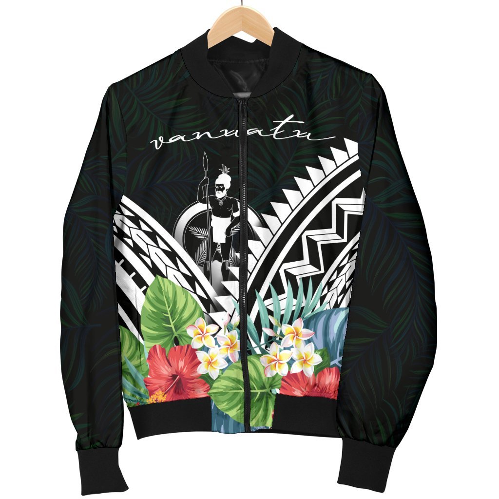 Vanuatu Men's Bomber Jacket - Vanuatu Caledonia Coat of Arms & Polynesian Tropical Flowers White - Polynesian Pride