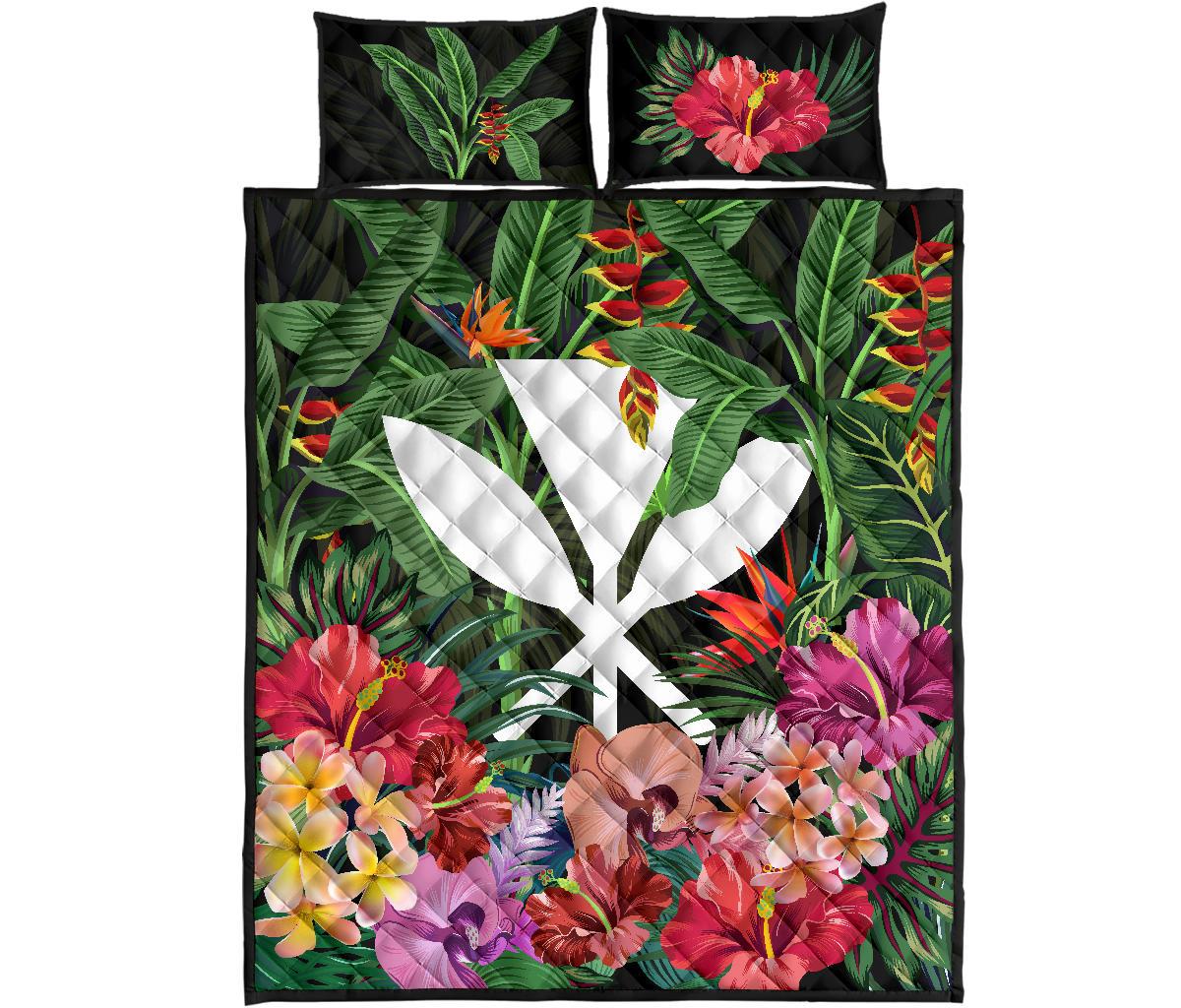 Kanaka Maoli ( Hawaiian) Quilt Bed Set - Coat Of Arms Tropical Flowers And Banana Leaves Black - Polynesian Pride