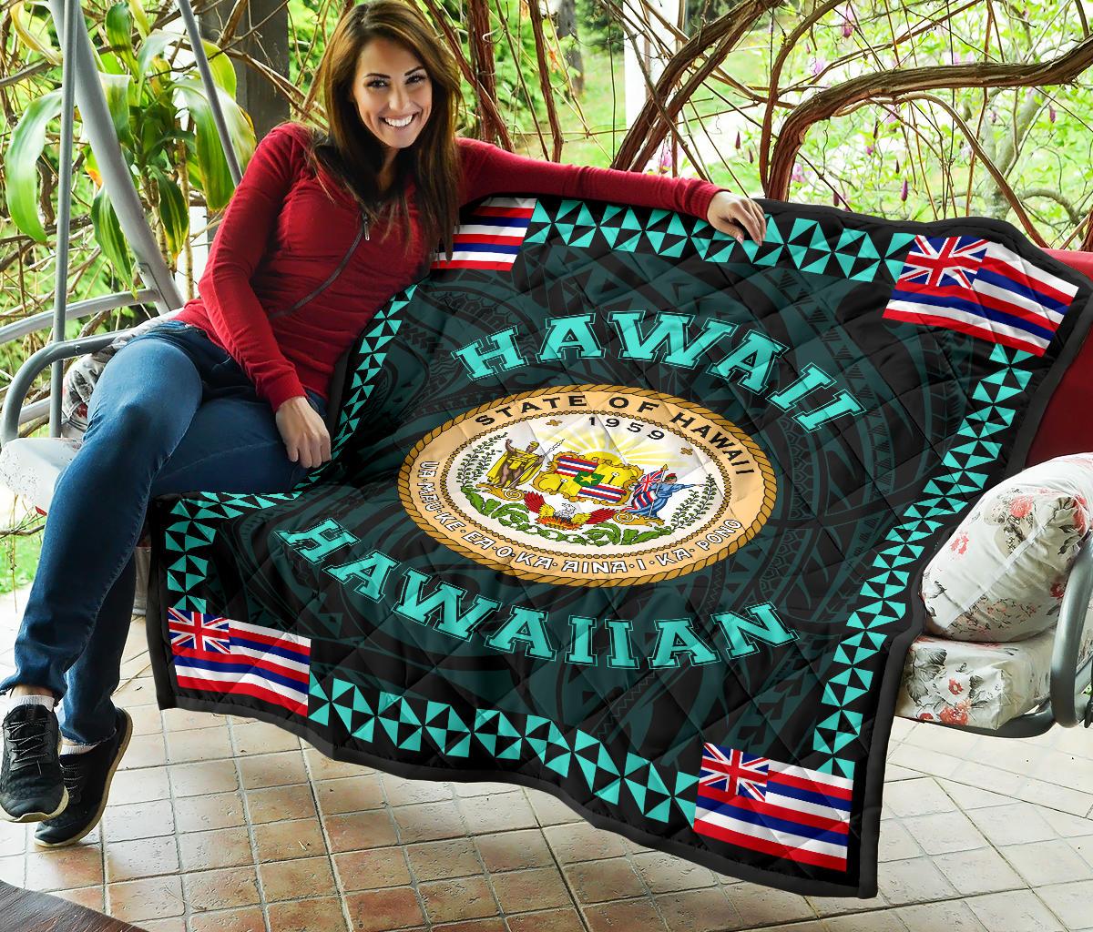 Hawaii Flag Polynesian Premium Quilt Turquoise - Love Style - Polynesian Pride