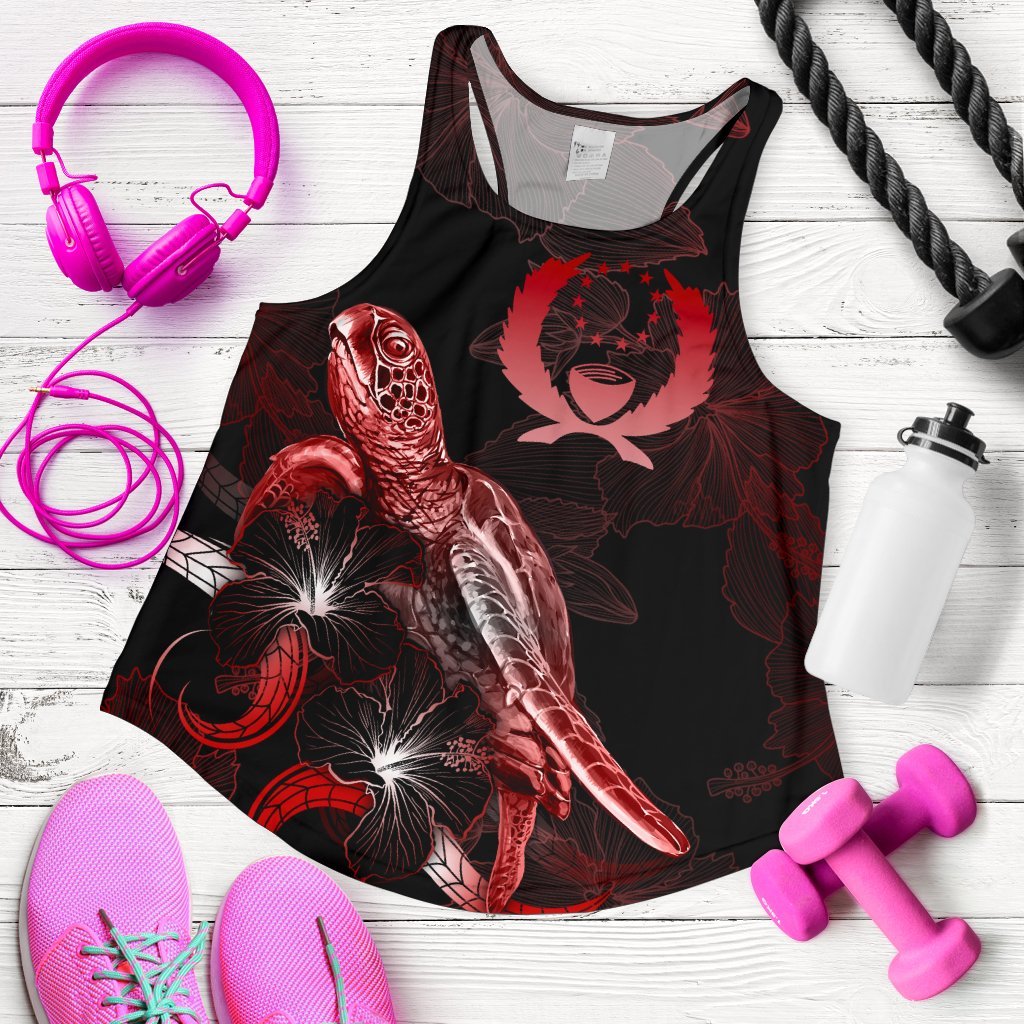 Pohnpei Polynesian Women Tank Top - Turtle With Blooming Hibiscus Red Red - Polynesian Pride