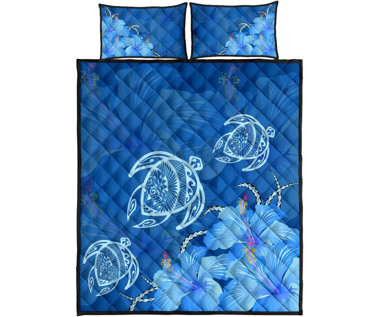 Hawaii Blue Hibiscus Turtle Polynesian Quilt Bed Set Blue - Polynesian Pride