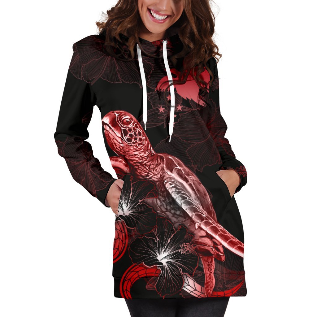 Papua New Guinea Polynesian Hoodie Dress - Turtle With Blooming Hibiscus Red - Polynesian Pride