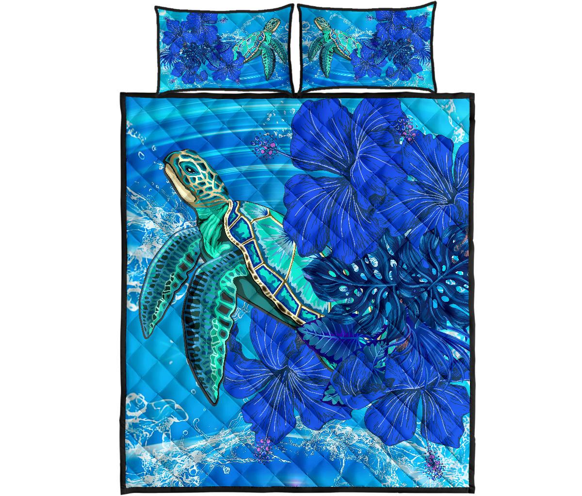 Hawaii Turtle Hibiscus Ocean Quilt Bed Set - Lingi Style - AH - Polynesian Pride