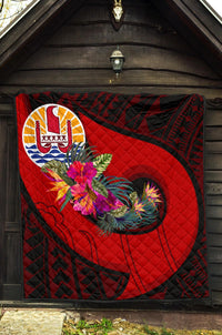 Tahiti Premium Quilt - Polynesian Hook And Hibiscus (Red) - Polynesian Pride