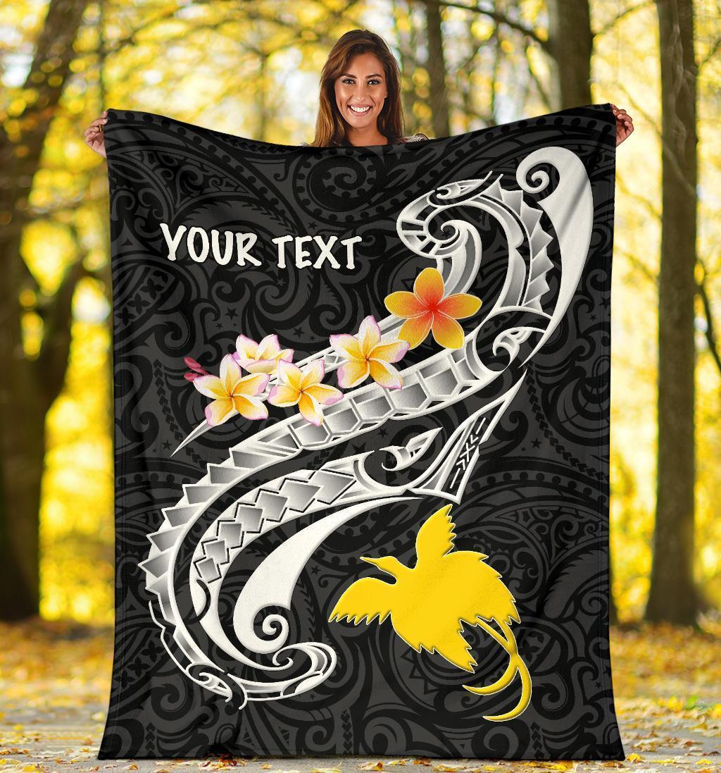 Papua New Guinea Custom Personalised Premium Blanket - PNG Seal Polynesian Patterns Plumeria (Black) - Polynesian Pride