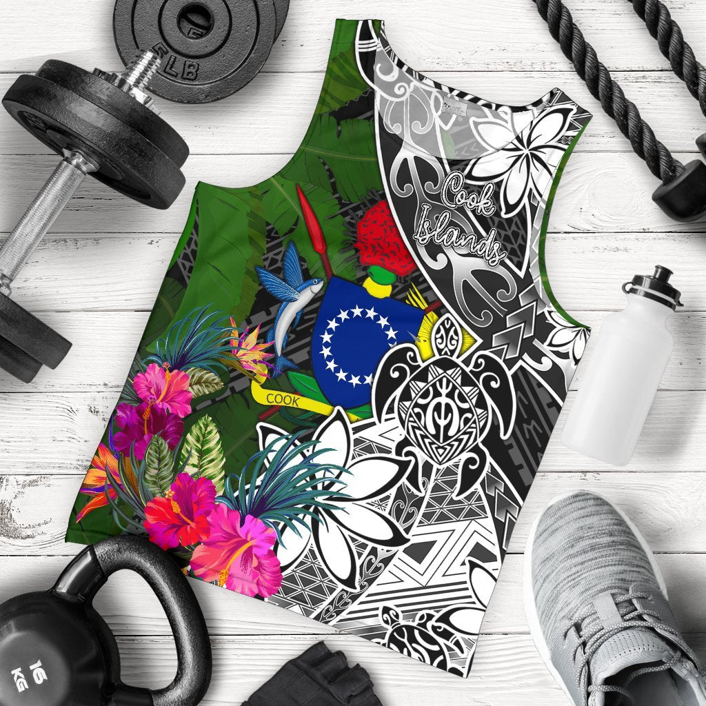 Cook Islands Men Tank Top - Turtle Plumeria Banana Leaf Black - Polynesian Pride