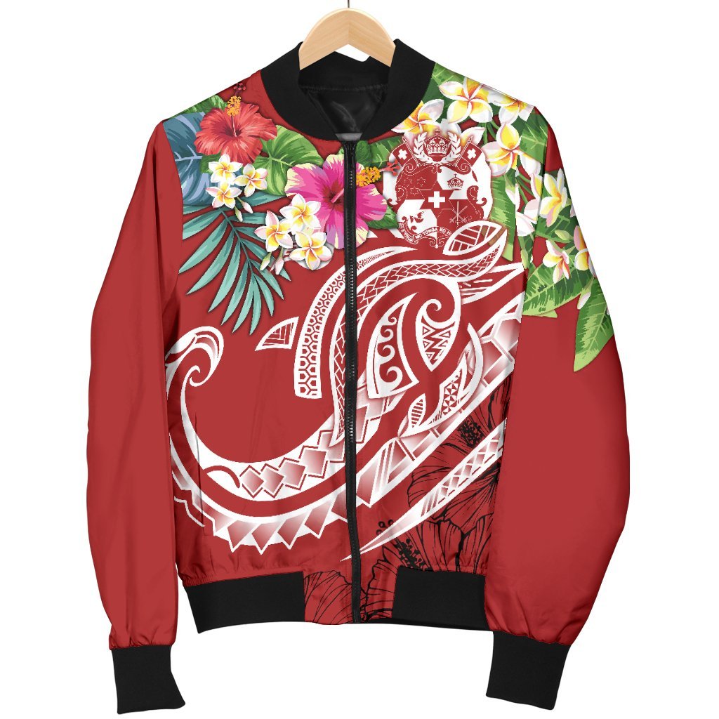 Tonga Polynesian Men's Bomber Jacket - Summer Plumeria (Red) - Polynesian Pride